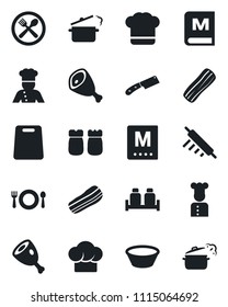 Set of vector isolated black icon - cook vector, cafe, hat, menu, bacon, salt and pepper, ham, bowl, rolling pin, cutting board, knife, steaming pan