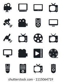 Set of vector isolated black icon - tv vector, reel, satellite, video camera, remote control, monitor