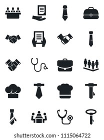 Set of vector isolated black icon - handshake vector, team, tie, document, stethoscope, meeting, cook hat, case