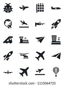 Set of vector isolated black icon - plane vector, departure, arrival, ladder car, boarding, helicopter, seat map, globe, airport building, lady bug, rocket, paper, air balloon