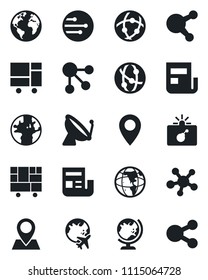 Set of vector isolated black icon - satellite antenna vector, bomb in case, globe, plane, earth, pin, consolidated cargo, network, share, news, social media