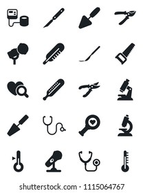 Set of vector isolated black icon - trowel vector, pruner, saw, stethoscope, blood pressure, thermometer, heart diagnostic, microscope, scalpel, microphone