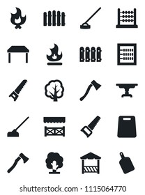 Set of vector isolated black icon - fence vector, tree, saw, fire, hoe, axe, abacus, table, alcove, cutting board