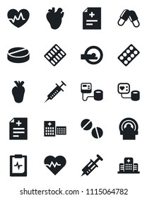 Set of vector isolated black icon - heart pulse vector, diagnosis, syringe, blood pressure, pills, blister, tomography, real, clipboard, hospital