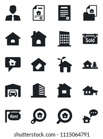 Set of vector isolated black icon - office building vector, house, contract, with garage, tree, estate document, rent, sold signboard, search, agent, smart home, city, eco, message