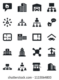 Set of vector isolated black icon - hierarchy vector, well, hospital, molecule, office building, garage, plan, home message