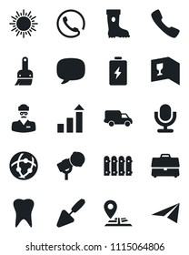 Set of vector isolated black icon - sun vector, growth statistic, trowel, boot, tooth, doctor, navigation, car delivery, microphone, call, message, themes, network, case, fence, phone, wine card