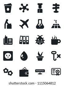 Set of vector isolated black icon - baby room vector, gear, coffee, seedling, lady bug, water drop, signpost, plane, no hook, radio phone, share, paper binder, cook, reserved, socket, warm floor