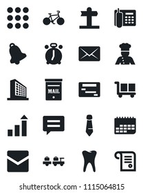 Set of vector isolated black icon - alarm clock vector, baggage larry, office building, growth statistic, tie, bike, tooth, signpost, term, cargo, menu, message, bell, mail, phone, mailbox, cook