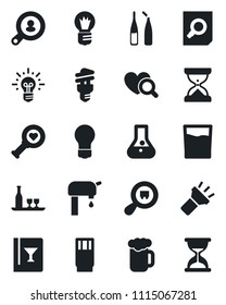 Set of vector isolated black icon - document search vector, bulb, heart diagnostic, ampoule, cargo, torch, water supply, client, alcohol, wine card, drink, beer, energy saving, idea, flask