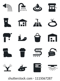 Set of vector isolated black icon - shower vector, bucket, watering, boot, well, hose, pond, drip irrigation, sea shipping, warehouse, water supply, heater, filter, warm floor, sprinkler