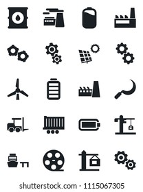 Set of vector isolated black icon - fork loader vector, gear, factory, sickle, truck trailer, sea port, oil barrel, reel, battery, sun panel, windmill, crane