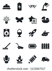 Set of vector isolated black icon - pencil vector, rake, lawn mower, butterfly, fire, picnic table, microphone, speaker, favorites list, battery, charge, desk lamp, pond, fence, reception, salad