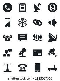 Set of vector isolated black icon - satellite antenna vector, phone, team, 24 hours, clipboard, microphone, speaker, network, cell, chain, mail, message, router