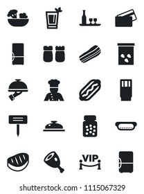 Set of vector isolated black icon - plant label vector, seeds, pills bottle, fridge, cook, alcohol, reception, drink, phyto bar, salad, bacon, waiter, salt and pepper, vip zone, credit card, steak