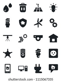 Set of vector isolated black icon - smart home vector, socket, power plug, remote control, web camera, pc, app, gear, water, warm floor, bulb, energy saving, protect, police, trash bin, sun panel