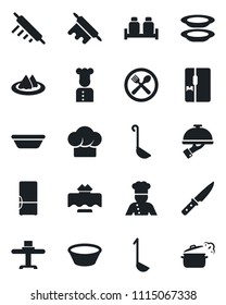 Set of vector isolated black icon - fridge vector, cook, restaurant table, serviette, cafe, hat, plates, waiter, salt and pepper, ladle, bowl, rolling pin, knife, steaming pan