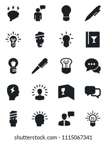 Set of vector isolated black icon - speaking man vector, pen, brainstorm, bulb, dialog, wine card, energy saving, shining head, idea