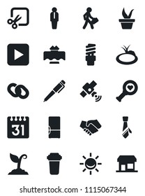 Set of vector isolated black icon - manager vector, seedling, sproute, pond, heart diagnostic, satellite, chain, play button, calendar, cut, tie, pen, fridge, restaurant table, water filter