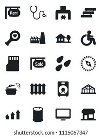Set of vector isolated black icon - disabled vector, greenhouse, seeds, stethoscope, heart diagnostic, oil barrel, monitor, speaker, sd, compass, paper tray, house with tree, rent, sold signboard