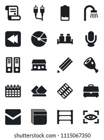 Set of vector isolated black icon - office binder vector, calendar, contract, pills blister, rack, microphone, low battery, rewind, rca, mail, case, pie graph, blank box, pencil, bathroom, ham