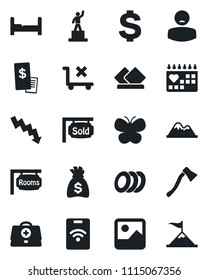 Set of vector isolated black icon - dollar sign vector, pedestal, money bag, crisis graph, butterfly, axe, doctor case, medical calendar, patient, no trolley, gallery, mountains, rooms, bedroom