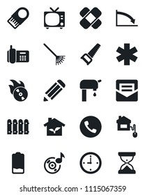 Set of vector isolated black icon - phone vector, tv, pencil, rake, saw, patch, ambulance star, office, flame disk, low battery, mail, music, clock, water supply, fence, home control, eco house