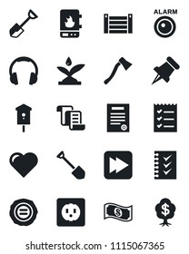 Set of vector isolated black icon - contract vector, job, stamp, shovel, axe, bird house, heart, container, headphones, paper pin, fast forward, checklist, socket, irrigation, water heater, cash