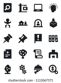 Set of vector isolated black icon - baby vector, reception, document search, contract, diagnosis, important flag, package, laptop pc, paper pin, drawing, binder, house with tree, fruit, fireplace