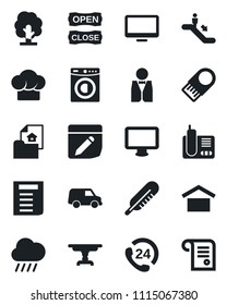Set of vector isolated black icon - escalator vector, document, tree, rain, thermometer, 24 hours, warehouse storage, monitor, radio phone, notes, estate, table, washer, waiter, cook hat, open close