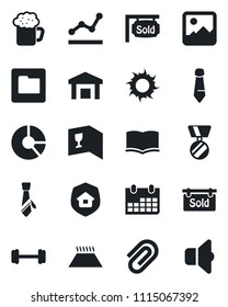 Set of vector isolated black icon - book vector, medal, tie, calendar, circle chart, sun, barbell, warehouse, gallery, folder, paper clip, point graph, sold signboard, estate insurance, wine card