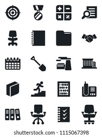 Set of vector isolated black icon - handshake vector, office chair, calculator, medal, document search, abacus, calendar, job, factory, radio phone, folder, copybook, blank box, checklist, target