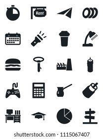 Set of vector isolated black icon - graduate vector, desk, term, gamepad, rca, stopwatch, torch, pie graph, lamp, rent, factory, plates, candle, hamburger, turkish coffee, water filter, calculator