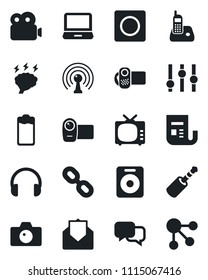 Set of vector isolated black icon - camera vector, brainstorm, antenna, news, tv, settings, video, dialog, headphones, laptop pc, radio phone, chain, speaker, battery, mail, jack connector, record