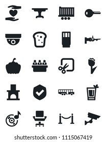 Set of vector isolated black icon - fence vector, airport bus, boarding, meeting, pumpkin, fireplace, heart hand, truck trailer, tulip, shield, cut, music, office chair, key, table, drink, phyto bar