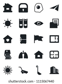 Set of vector isolated black icon - sun vector, book, lawn mower, lungs, eye, folder document, lock, house, plan, sweet home, ladle, omelette, fridge, flag, paper plane, office building