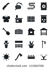Set of vector isolated black icon - job vector, flower in pot, fence, seedling, butterfly, house, sun, hose, garden knife, axe, light, fireplace, seeds, fertilizer, drip irrigation, alcove