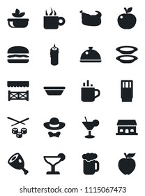 Set of vector isolated black icon - hot cup vector, dish, drink, cocktail, coffee, beer, salad, plates, cafe building, candle, dress code, alcove, chicken, ham, hamburger, bowl, sushi, apple fruit