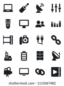 Set of vector isolated black icon - satellite antenna vector, film frame, archive chest, camera, settings, equalizer, video, remote control, monitor, laptop pc, radio phone, chain, group, battery