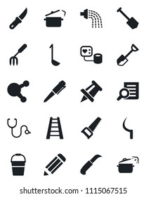 Set of vector isolated black icon - document search vector, pen, drawing pin, job, pencil, garden fork, shovel, ladder, bucket, watering, saw, sickle, knife, stethoscope, blood pressure, share