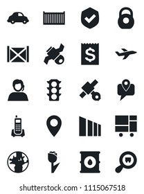 Set of vector isolated black icon - earth vector, pin, plane, satellite, traffic light, office phone, support, mobile tracking, cargo container, car delivery, receipt, consolidated, tulip, sorting