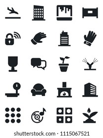 Set of vector isolated black icon - fence vector, arrival, office building, seedling, glove, fragile, heavy scales, dialog, menu, scanner, music, application, cushioned furniture, fireplace