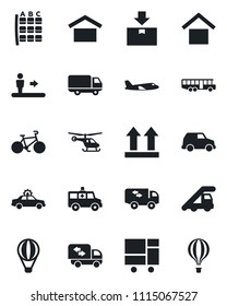 Set of vector isolated black icon - airport bus vector, escalator, alarm car, ladder, plane, helicopter, seat map, ambulance, bike, delivery, consolidated cargo, warehouse storage, up side sign