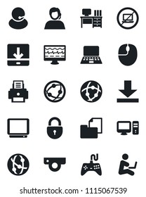 Set of vector isolated black icon - no laptop vector, lock, mouse, desk, notebook pc, monitor pulse, support, folder document, gamepad, tv, network, download, printer, web camera, man with