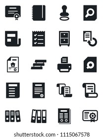Set of vector isolated black icon - stamp vector, contract, document search, notepad, reload, printer, news, checklist, paper binder, tray, archive box, estate, certificate