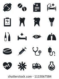 Set of vector isolated black icon - heart pulse vector, diagnosis, stethoscope, syringe, dropper, pills, ampoule, ambulance car, hospital bed, lungs, caries, implant, eye, joint, clipboard, virus