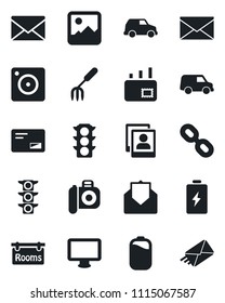 Set of vector isolated black icon - mail vector, garden fork, traffic light, camera, monitor, chain, mobile, gallery, photo, battery, rooms, car