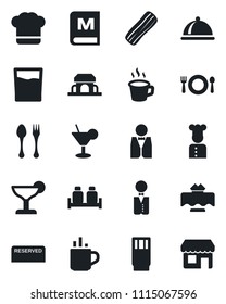 Set of vector isolated black icon - hot cup vector, spoon and fork, coffee, waiter, cook, dish, restaurant table, cafe, hat, menu, reserved, drink, cocktail, bacon, salt pepper, building, storefront