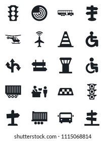 Set of vector isolated black icon - airport tower vector, plane radar, taxi, bus, passport control, signpost, border cone, helicopter, disabled, route, traffic light, truck trailer, guidepost