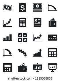 Set of vector isolated black icon - credit card vector, growth statistic, calculator, crisis graph, receipt, bar, wallet, cash, presentation